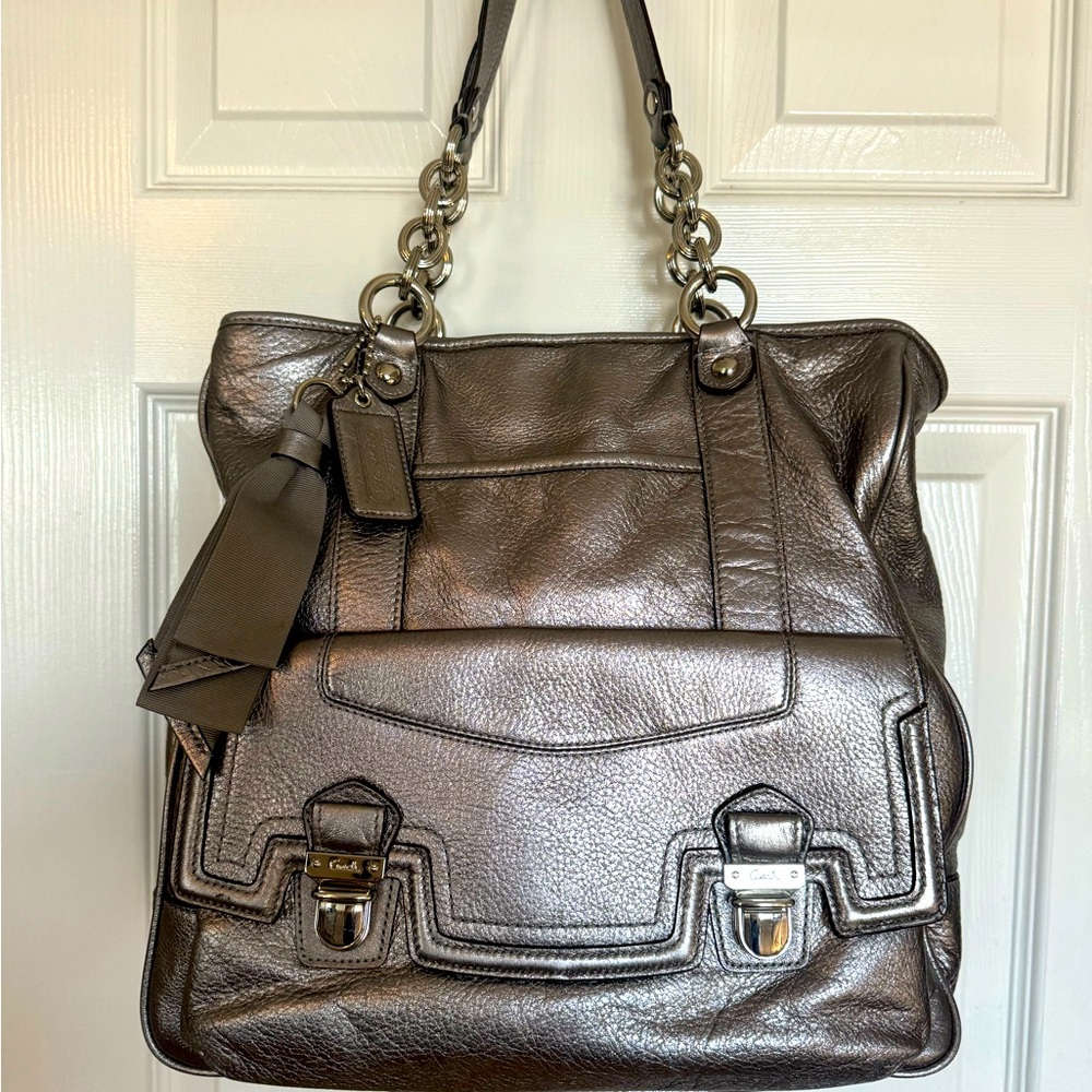 Coach Poppy leather push locked tote 17924 metallic silver chain leather handle.
